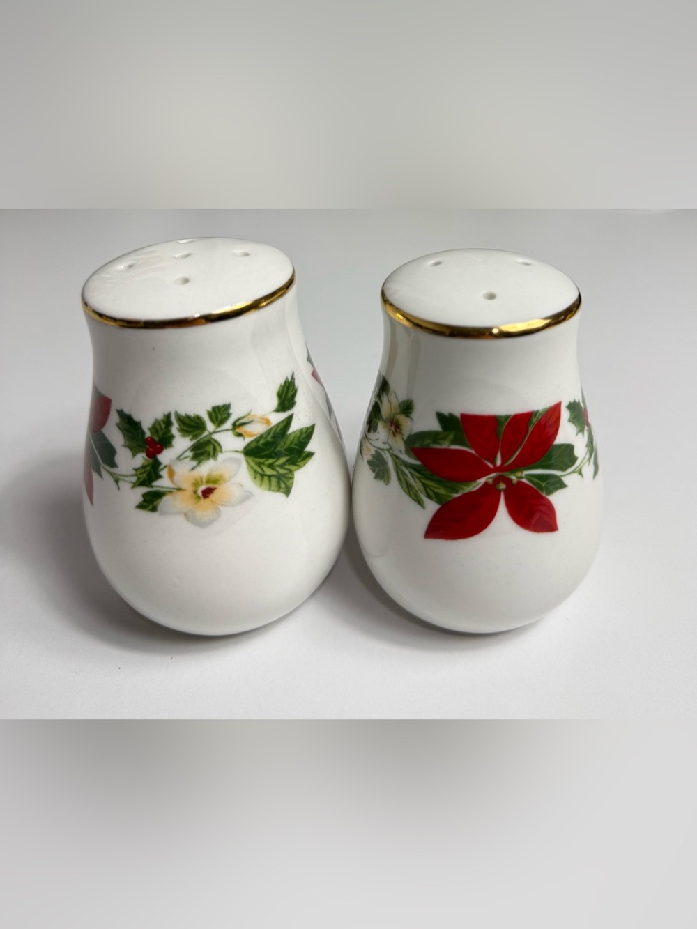Holiday Floral Porcelain Salt and Pepper Shakers - White and Red